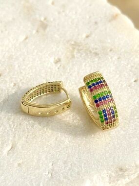 14K Gold Plated Multi-Color Pavé CZ V Shape Hoop Earrings | Dainty Jewelry